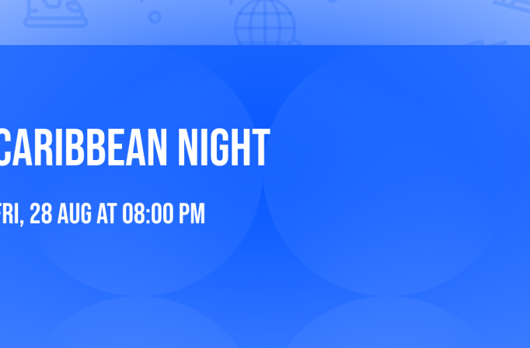 Caribbean Night in café De Bull: dansend publiek onder tropische lichtstukken en palmdecoratie